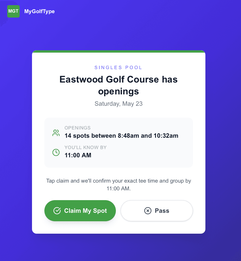 Singles Pool claim invitation on a phone — Eastwood Golf Course has openings, 14 spots between 8:48am and 10:32am